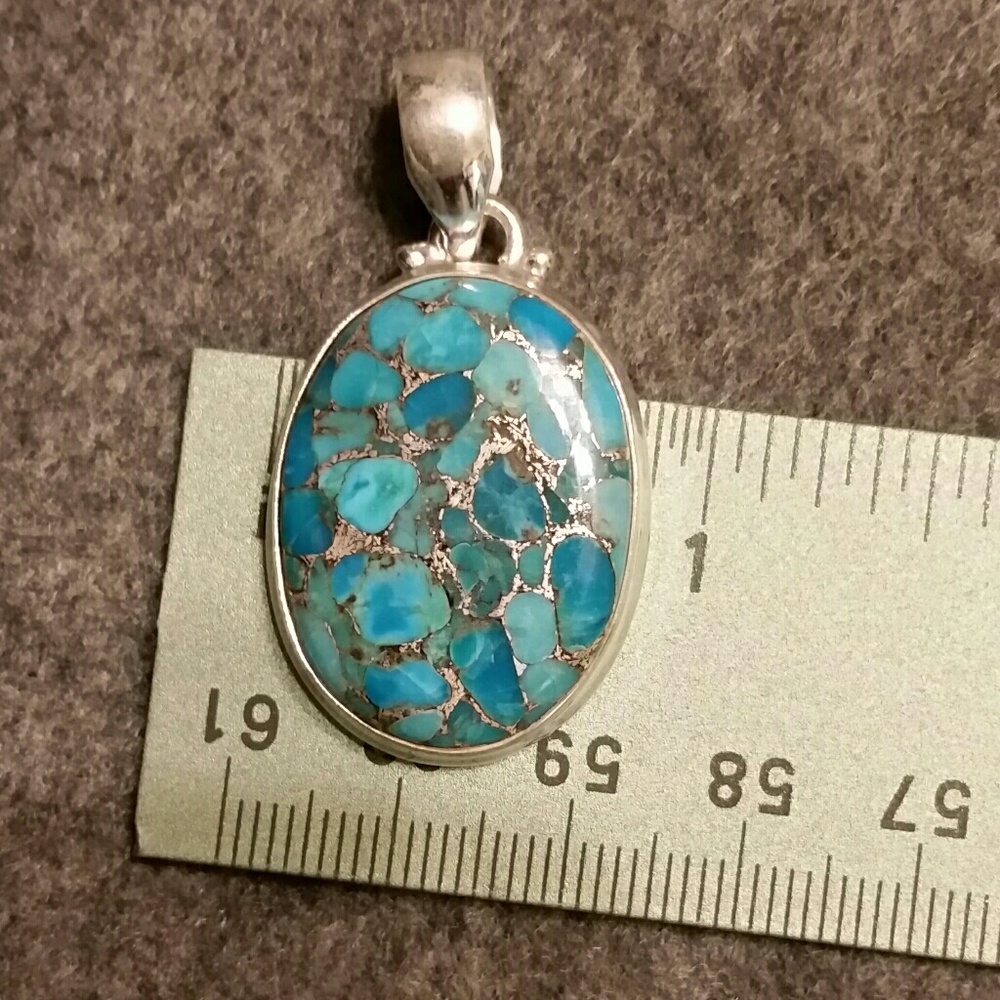 925 Silver Wide Oval Copper Blue Turquoise Pendant - Picture 7 of 7